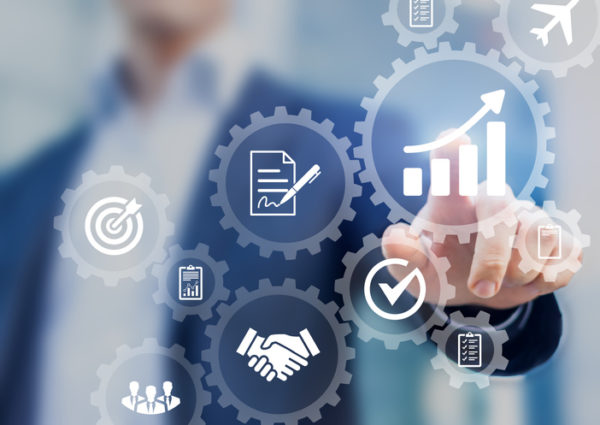 business process management and automation concept, automated workflow, gears, businessman